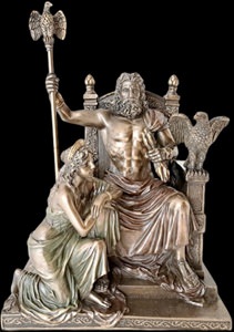 Detaljeret bronzefigur af Zeus og Hera på tronen med ørn og lyn